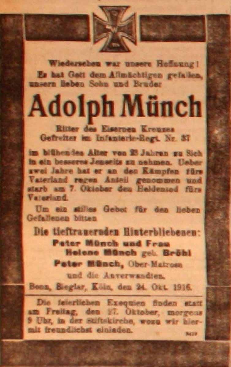 Anzeige in der Deutschen Reichs-Zeitung vom 25. Oktober 1916