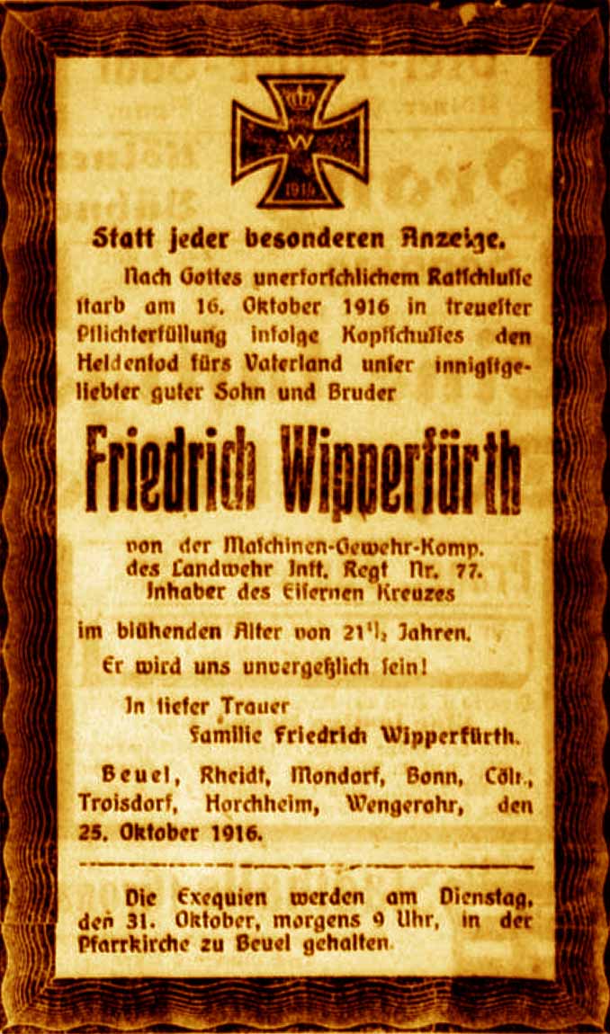 Anzeige im General-Anzeiger vom 29. Oktober 1916