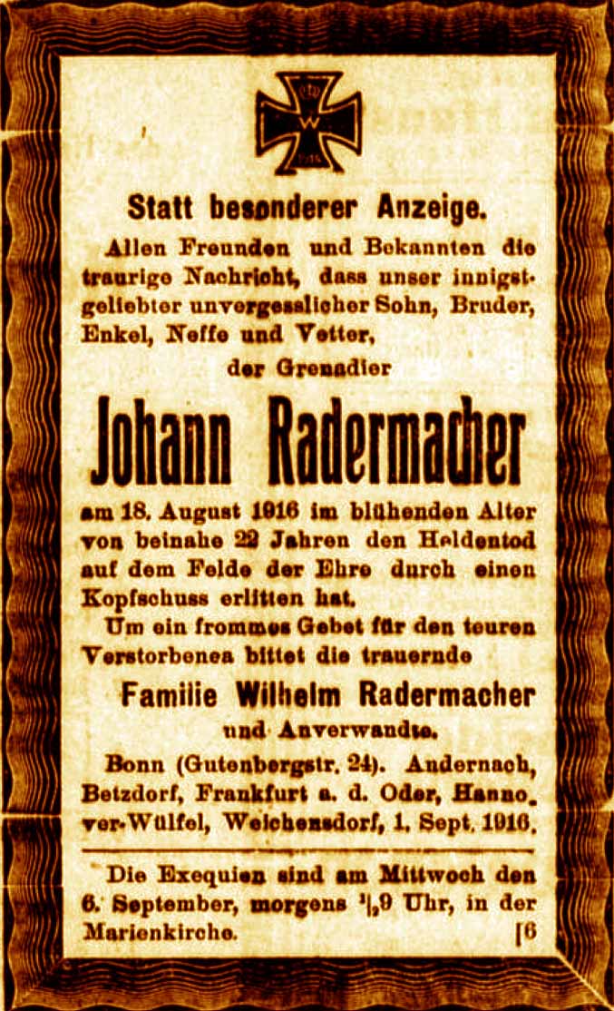 Anzeige im General-Anzeiger vom 2. September 1916