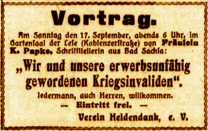 Anzeige im General-Anzeiger vom 14. September 1916