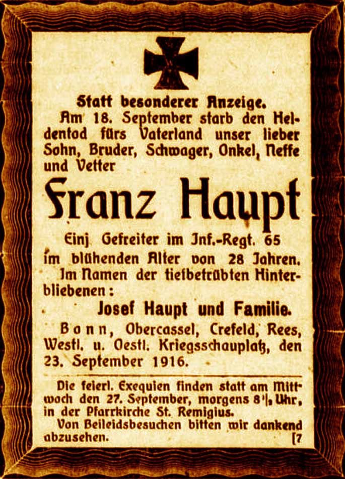 Anzeige im General-Anzeiger vom 24. September 1916