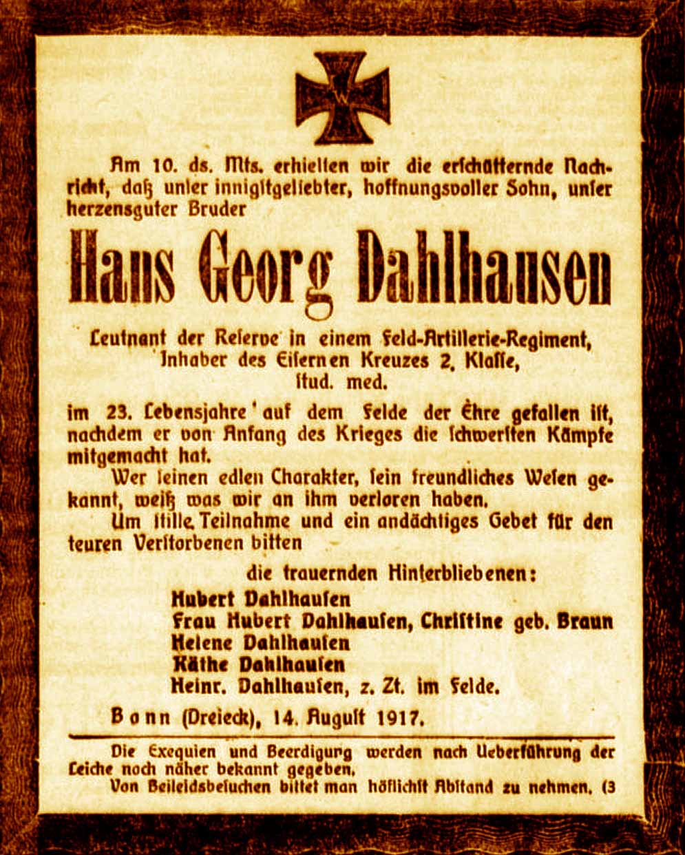 Anzeige im General-Anzeiger vom 15. August 1917
