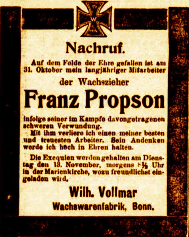 Anzeige in der Deutschen Reichs-Zeitung vom 11. November 1917