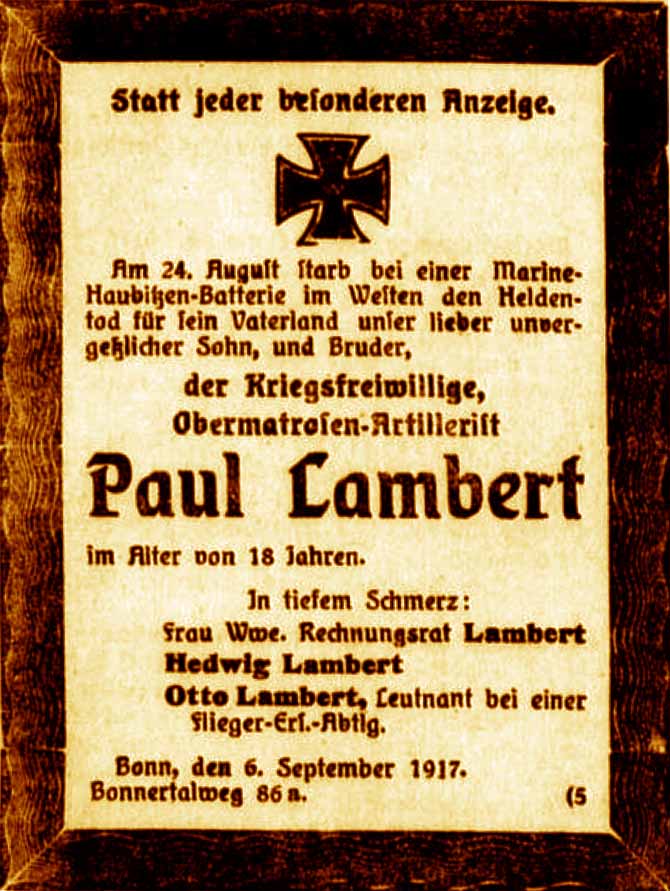 Anzeige im General-Anzeiger vom 7. September 1917