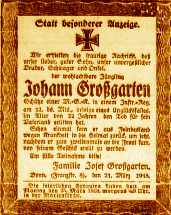 Anzeige im General-Anzeiger vom 22. März 1918