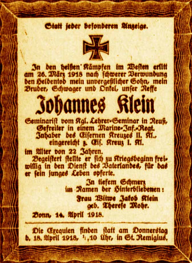 Anzeige im General-Anzeiger vom 15. April 1918