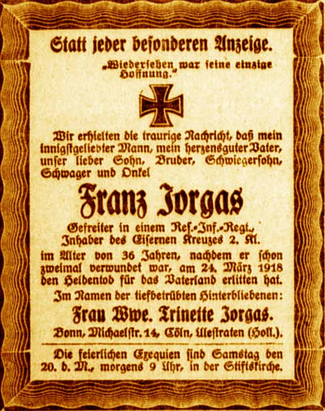 Anzeige im General-Anzeiger vom 17. April 1918