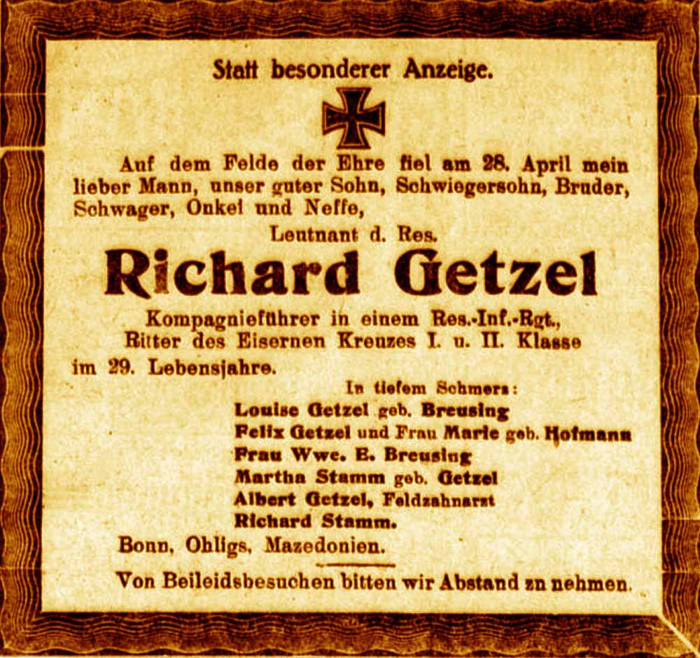 Anzeige im General-Anzeiger vom 30. April 1918