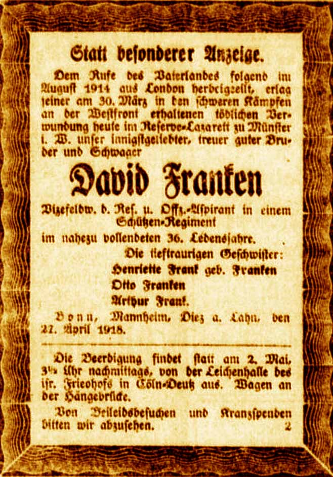 Anzeige im General-Anzeiger vom 30. April 1918