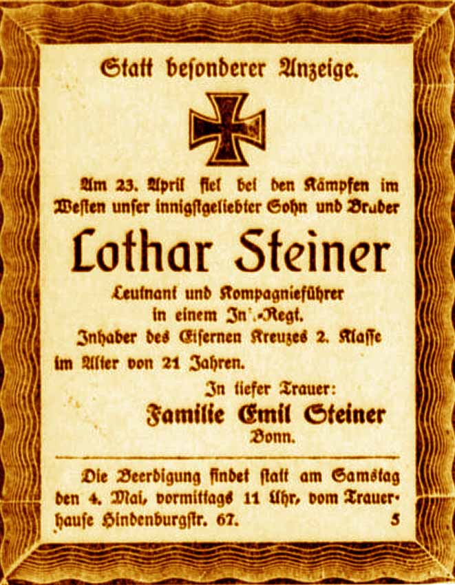 Anzeige im General-Anzeiger vom 3. Mai 1918