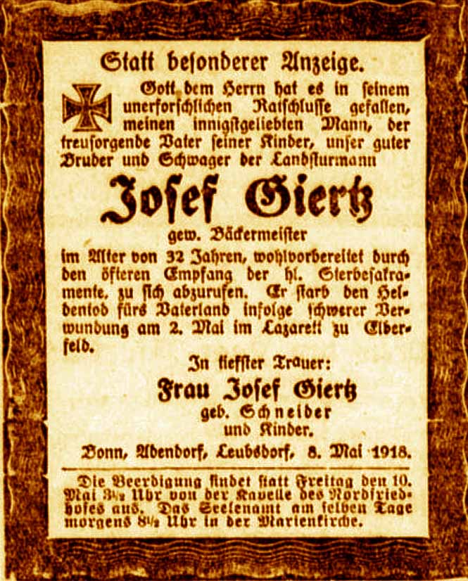 Anzeige im General-Anzeiger vom 8. Mai 1918