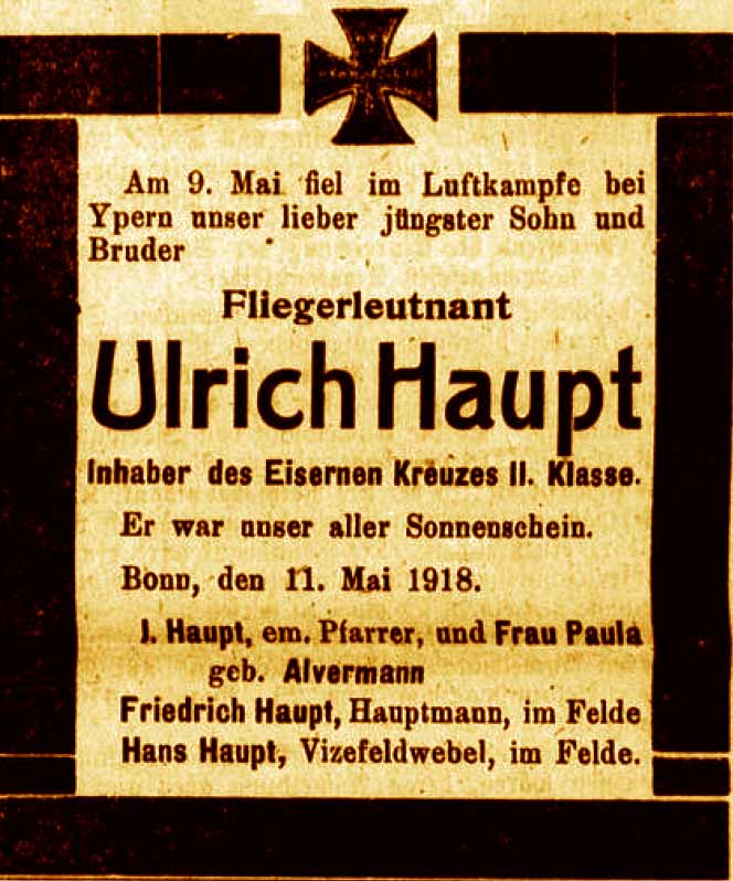 Anzeige in der Bonner Zeitung vom 12. Mai 1918