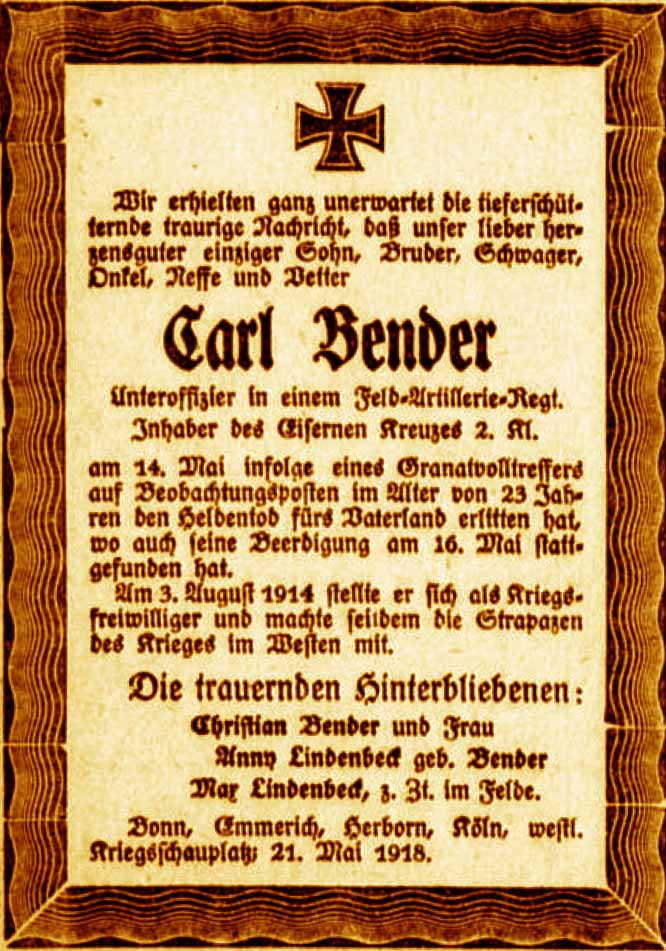 Anzeige im General-Anzeiger vom 24. Mai 1918