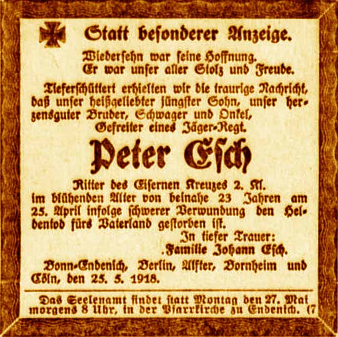 Anzeige im General-Anzeiger vom 26. Mai 1918