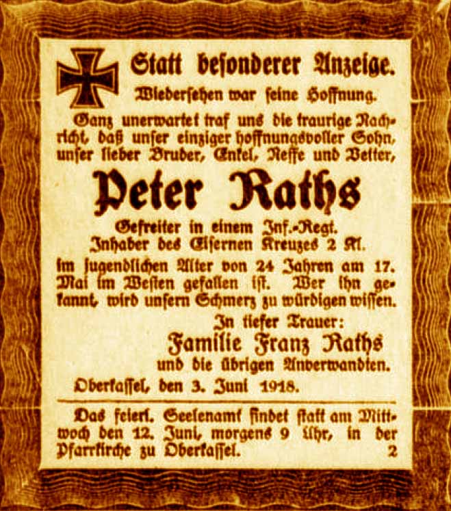 Anzeige im General-Anzeiger vom 4. Juni 1918