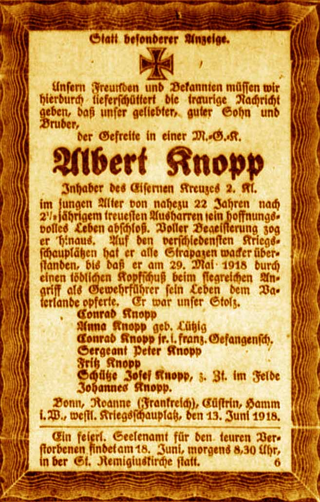 Anzeige im General-Anzeiger vom 15. Juni 1918
