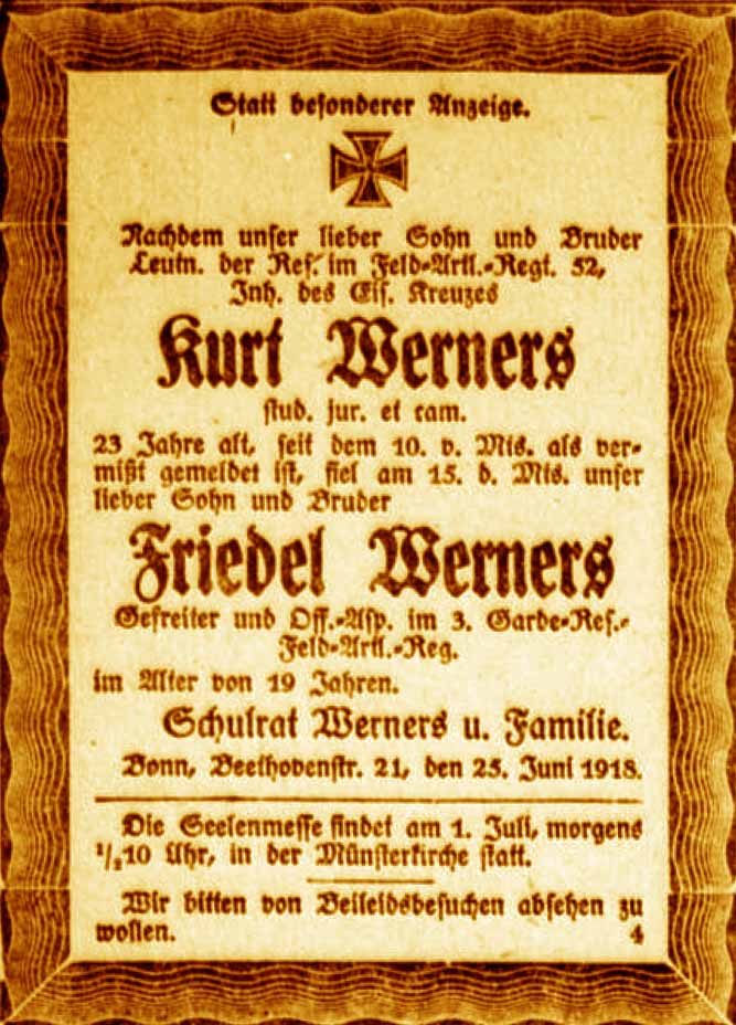Anzeige im General-Anzeiger vom 27. Juni 1918