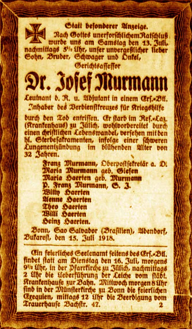 Anzeige im General-Anzeiger vom 16. Juli 1918