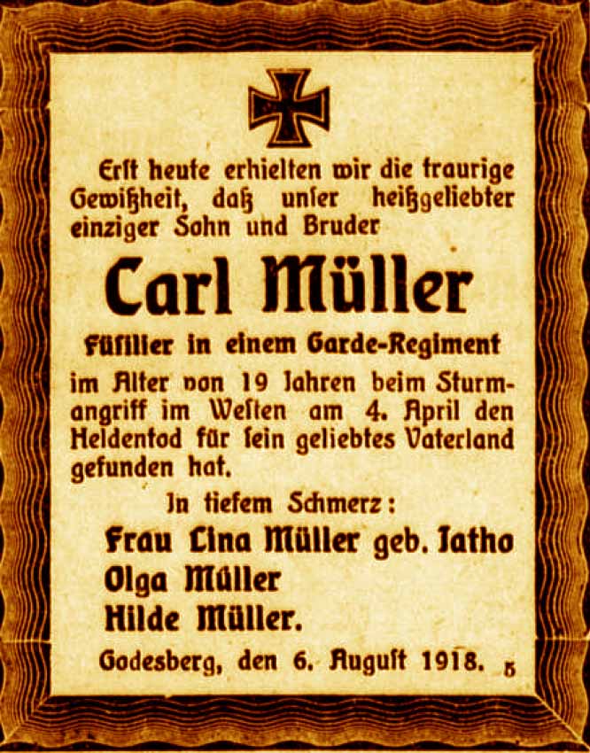 Anzeige im General-Anzeiger vom 9. August 1918