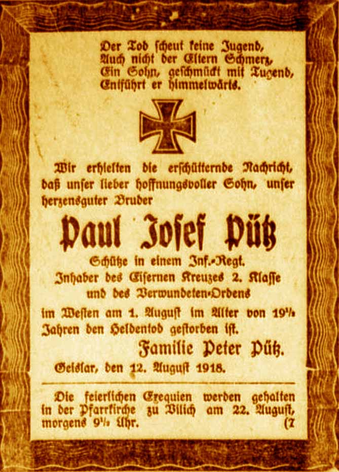 Anzeige im General-Anzeiger vom 18. August 1918