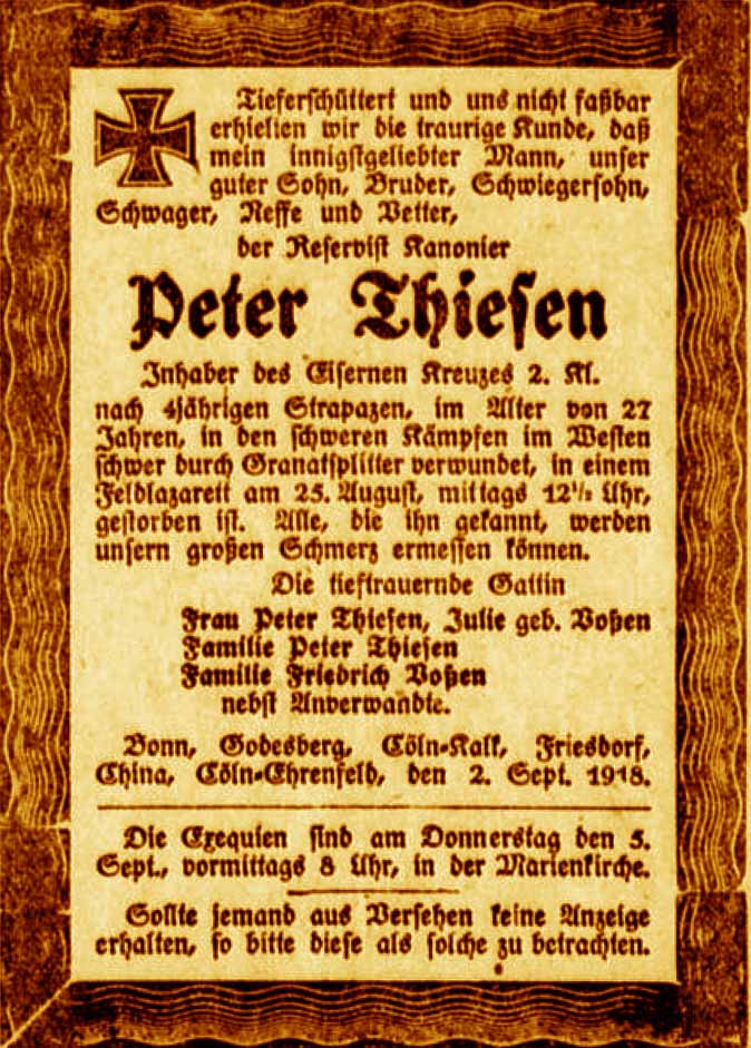 Anzeige im General-Anzeiger vom 3. September 1918