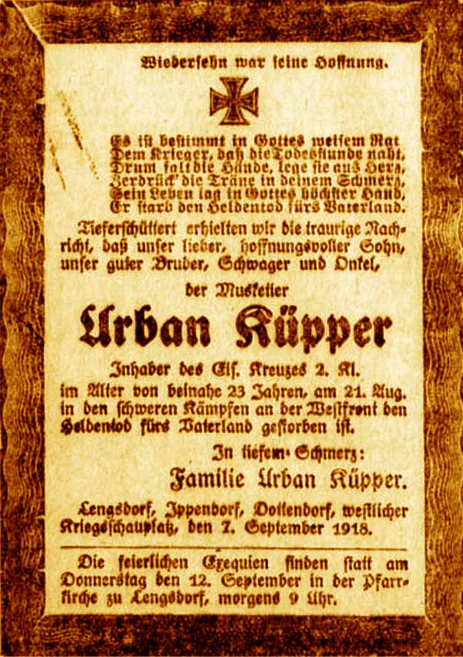 Anzeige im General-Anzeiger vom 8. September 1918