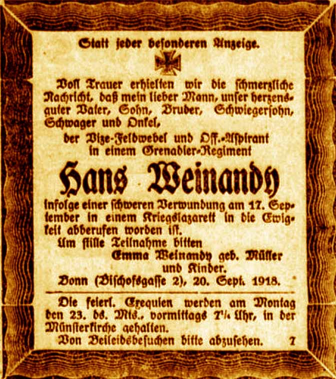 Anzeige im General-Anzeiger vom 22. September 1918