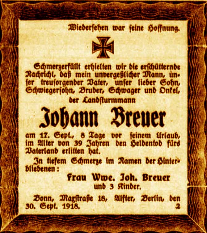 Anzeige im General-Anzeiger vom 1. Oktober 1918