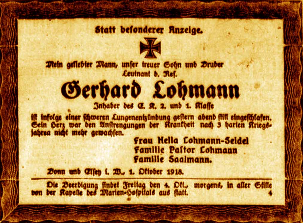 Anzeige im General-Anzeiger vom 3. Oktober 1918