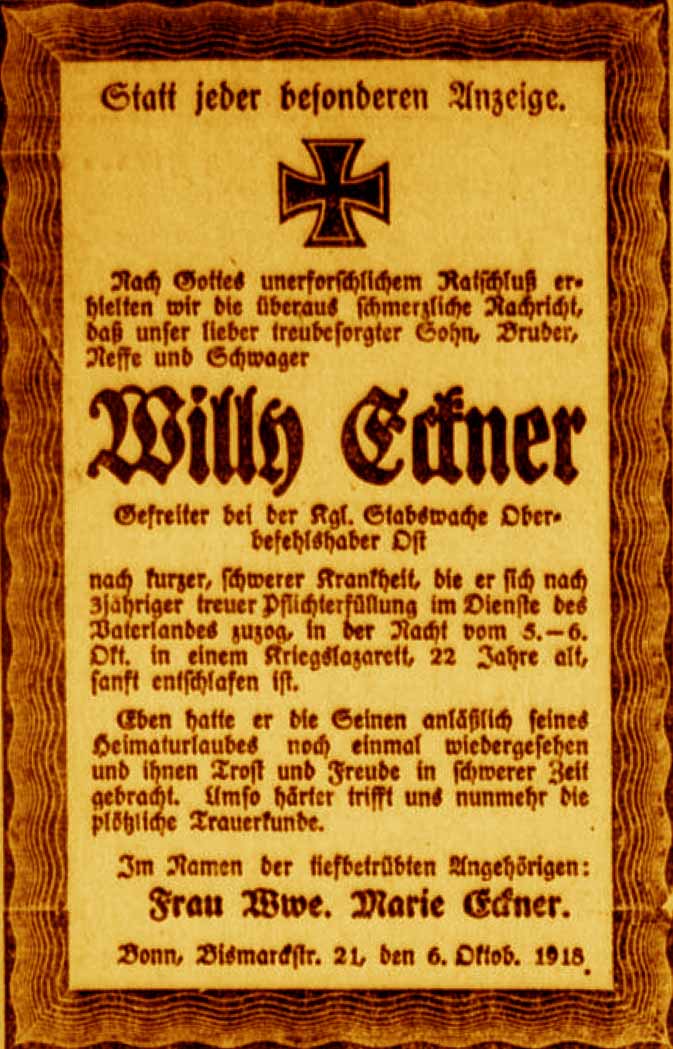 Anzeige im General-Anzeiger vom 8. Oktober 1918