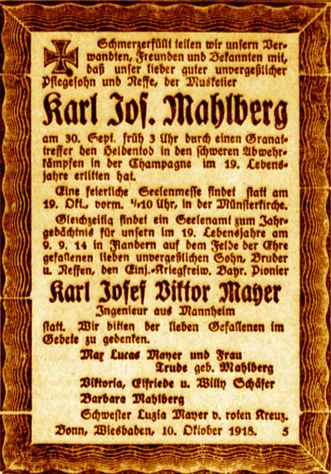Anzeige im General-Anzeiger vom 11. Oktober 1918