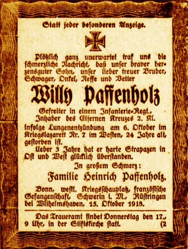 Anzeige im General-Anzeiger vom 15. Oktober 1918