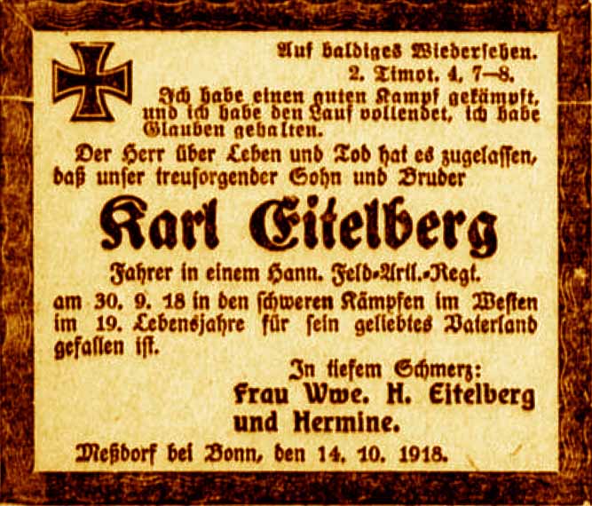 Anzeige im General-Anzeiger vom 15. Oktober 1918