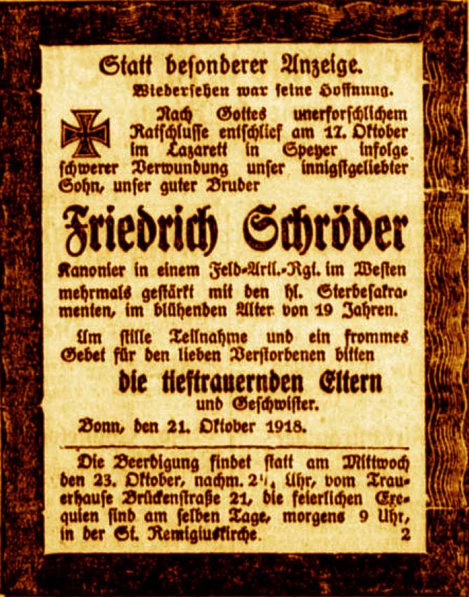 Anzeige im General-Anzeiger vom 22. Oktober 1918