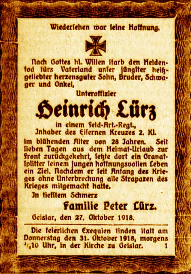 Anzeige im General-Anzeiger vom 28. Oktober 1918