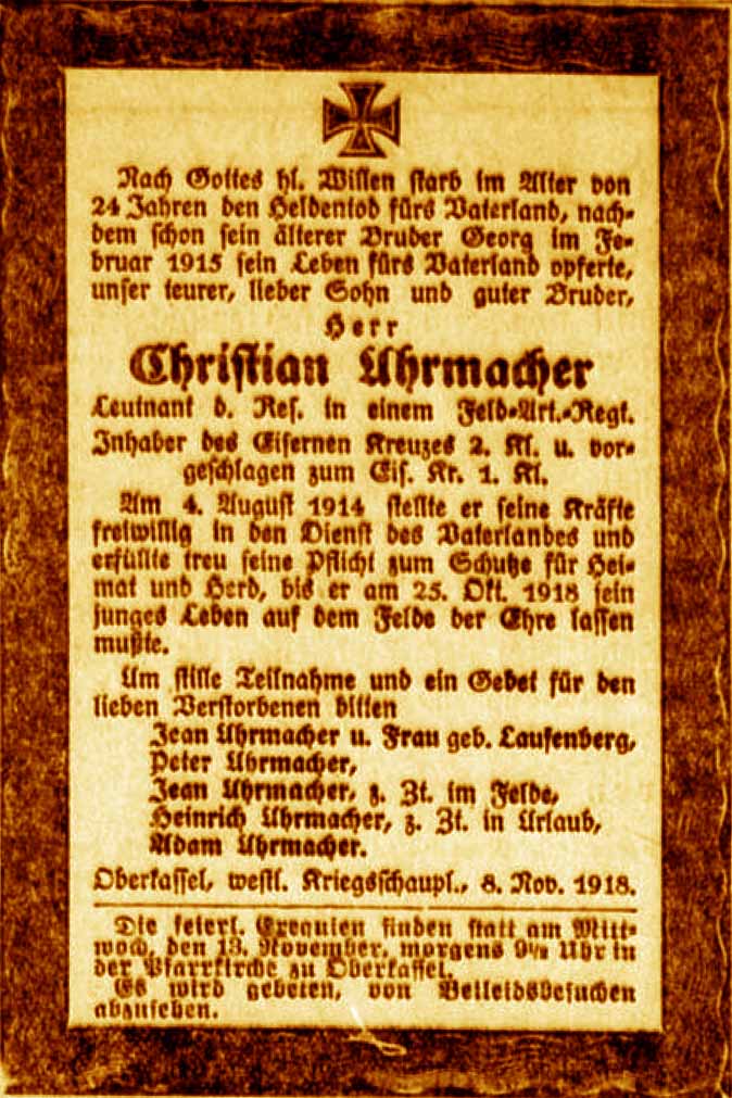 Anzeige im General-Anzeiger vom 10. November 1918