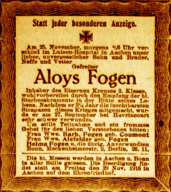 Anzeige im General-Anzeiger vom 27. November 1918