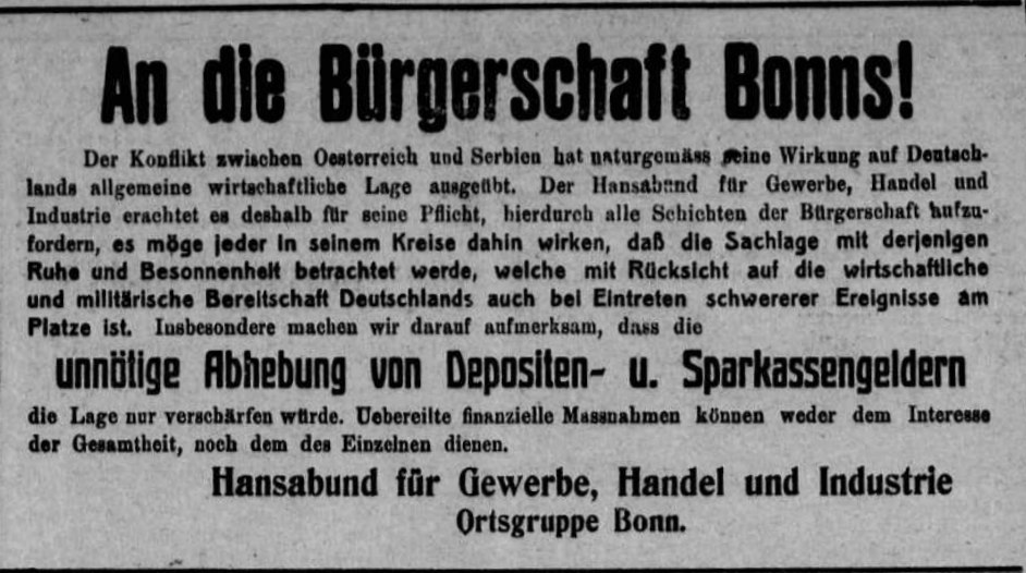 Anzeige aus der Bonner Zeitung vom 30. Juli 1914